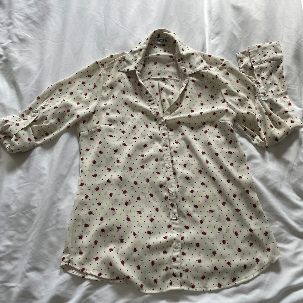 Express The Portofino Shirt Slim Fit Long Sleeves Ladybug Print Cream Womens M